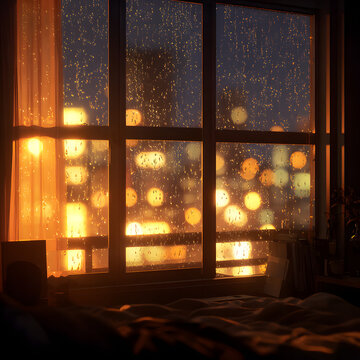 Rain covered window with warm city lights at night and cozy indoor atmosphere