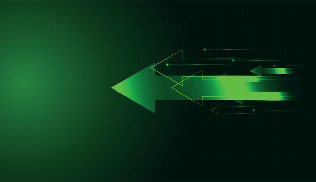 Multiple neon lines trail behind a backward-pointing arrow, illustrating a digital shift in global finance. and show the light paths follow a backward trajectory