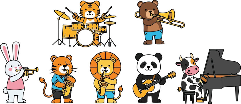 Colorful cartoon animals playing different musical instruments isolated on transparent background, isolated on white background, Vector