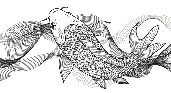 Elegant vector illustration of a koi fish swimming in abstract waves