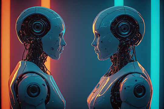 half body ai robots looking at each another with two different background