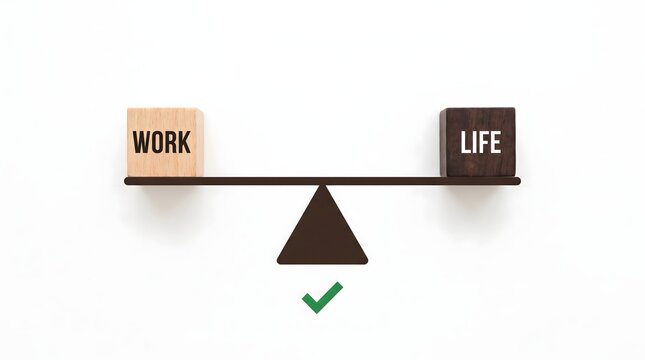 Work life balance concept with wooden blocks on a seesaw white background green checkmark.