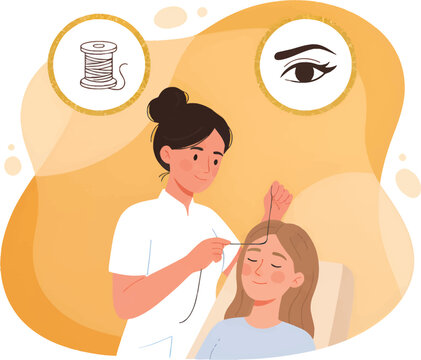 Eyebrow threading procedure performed by a professional beautician in a salon, illustrating the technique and tools used for shaping eyebrows