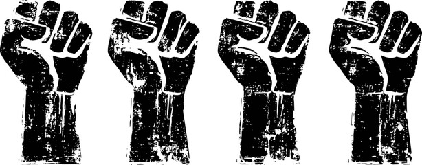 Naklejka premium Raised clenched fist silhouette repeated four times in distressed black texture symbolizing power and resistance