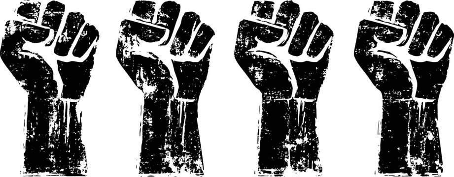 Raised clenched fist silhouette repeated four times in distressed black texture symbolizing power and resistance