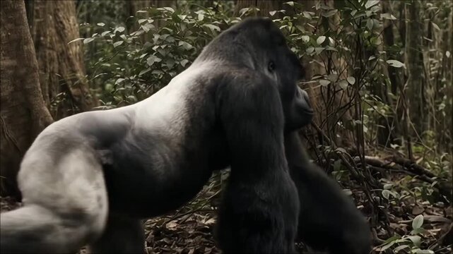 Gorilla walking with knuckle-walking through forest natural habitat wildlife scene