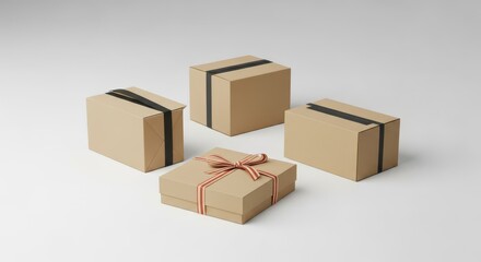 Fototapeta premium Four Cardboard Gift Boxes Arranged for Presentation, Featuring Ribbons and Stripes