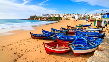 Obraz premium Sunny beach scene with colorful boats resting on golden sand. A white-walled town overlooks the coastline