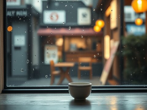 Japanese Cafe Window Seat Rainy Day Empty Table