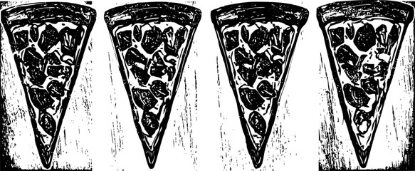 Fototapeta premium four pepperoni pizza slices on rustic wooden background, top view, food flat lay