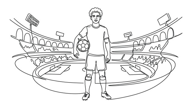 continuous line drawing Soccer player standing in a stadium.