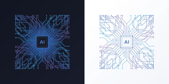Symmetrical AI processor microchip circuit board illustration in dark and light themes for artificial intelligence and machine learning technology concepts.