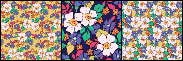 Seamless floral pattern, liberty ditsy print in retro motif. Cute botanical design collection. Small hand drawn daisy flowers, tiny leaves, simple plants, colorful summer bouquets. Vector illustration © Yulya i Kot