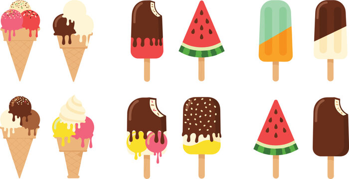Large collection of colorful ice cream cones and popsicles with chocolate dipping sprinkles fruit flavors and watermelon slices isolated on white background.