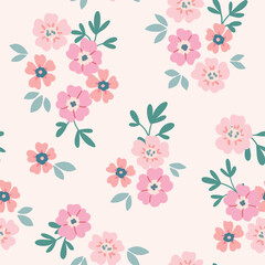 Obraz premium Seamless floral pattern, delicate ditsy print in a romantic motif. Cute botanical design of small hand drawn daisy flowers, pink buds, tiny leaves, simple mini bouquets abstract. Vector illustration.