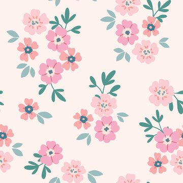 Seamless floral pattern, delicate ditsy print in a romantic motif. Cute botanical design of small hand drawn daisy flowers, pink buds, tiny leaves, simple mini bouquets abstract. Vector illustration.