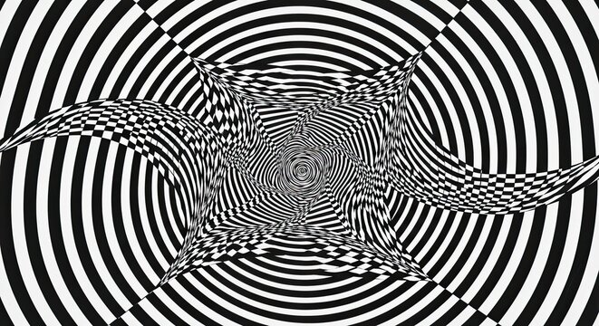 Abstract black and white optical illusion with spiraling patterns