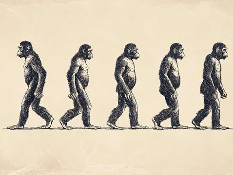 Illustration of the evolution from apes to humans, showing each stage in which an ape walks on two legs like modern people.