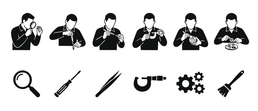 Watchmaker Repair Icon Set - Professional Precision Maintenance Tools and Technician Tasks with Screwdriver, Tweezers, and Micrometer for Clockwork Engineering, Horology, and Jewelry Manufacturing Cra