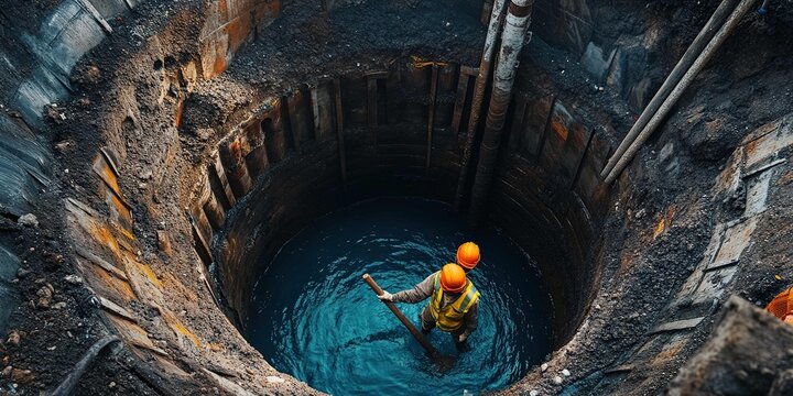 Moneyshot of an engineer in high-vis working on the side of a large, deep well with blue water and a wooden spade.
