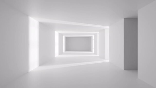White studio room with shadow on the wall. Sunlight moves across the empty room. Wall interior, studio and backdrops with sunlight streaming through casting shadows on the wall and floor. 3d animation