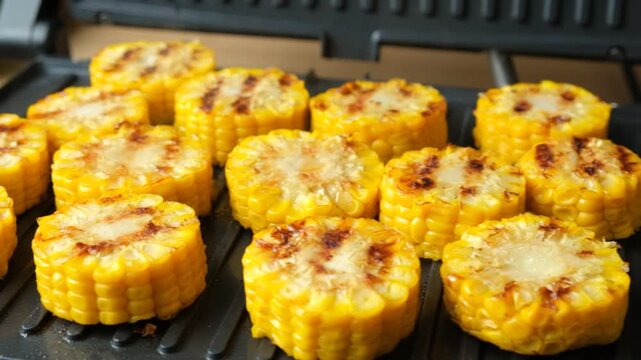 Roasted Sweet Corn Slices with Char Marks on Hot Grill Plate