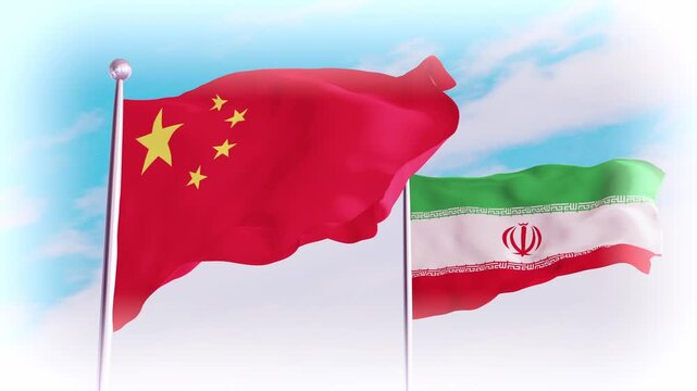 China and Iran Flags Waving Together 4K &ndash; Chinese and Iranian National Flags Flying Side by Side on Flagpoles with Sky Background