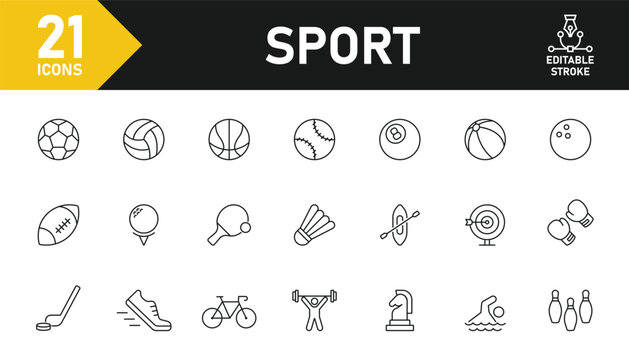 Sport line icon set. Set of 21 outline icons related to football, volleyball, basketball, baseball, rugby, badminton and others. Editable stroke. Vector illustration.