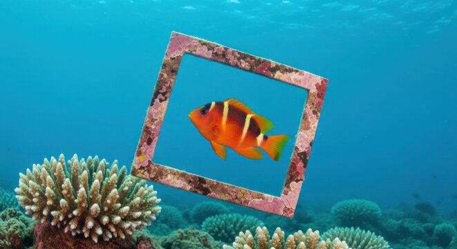 Clownfish framed in a square against a coral reef backdrop.