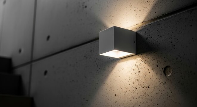 A modern cube wall light illuminates a concrete wall.