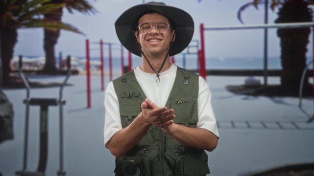 Man in hat and vest clapping hands and smiling broadly while wearing glasses on sunlit coastal street promenade; exploration joy.
