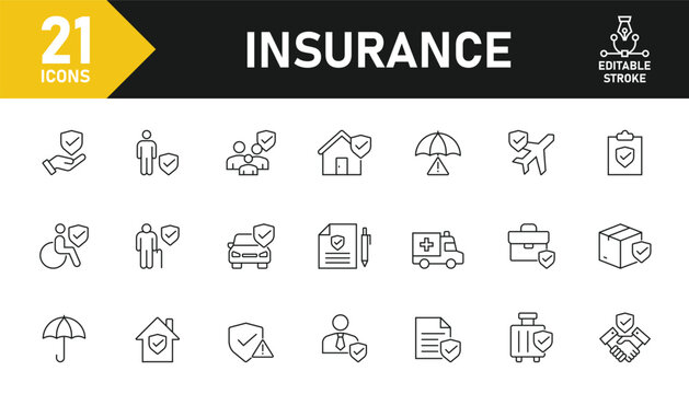 Insurance line icon set. Set of 21 outline icons related to Life, house, social insurance, car, medical, healthcare and others. Editable stroke. Vector illustration.