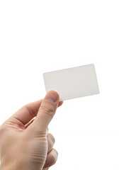 Fototapeta premium Hand holding a blank business card isolated on transparent background