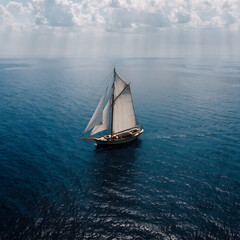 Fototapeta premium Lone sailboat cruising on calm deep blue ocean, aerial view