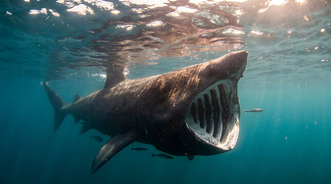 Giant Basking Shark Cruising Near Surface in Deep Blue Ocean Water