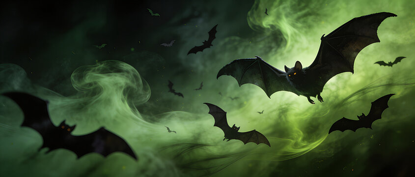 A swirl of bats on a green Halloween background.