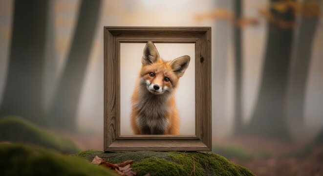 A red fox appears framed in the forest.