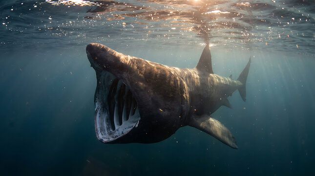 Majestic basking shark cruises near the sunlit ocean surface with its massive mouth open for feeding