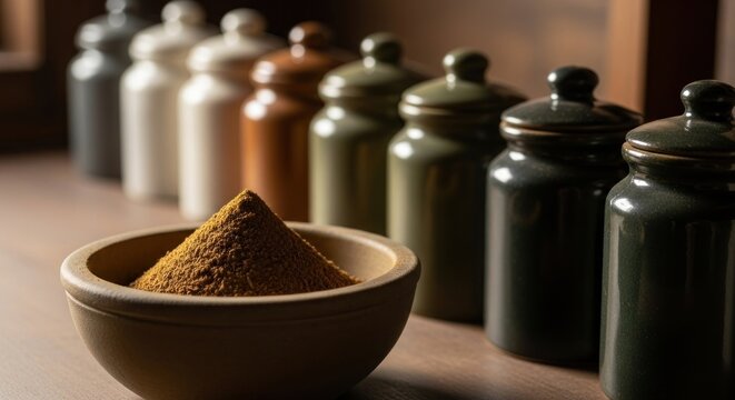 A bowl of ground spice in a rustic kitchen setting with a row of ceramic jars.