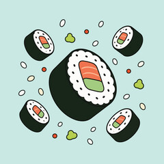 Delicious sushi roll maki vector illustration with flying rice and wasabi © Md Biplob Khan