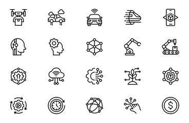 Fototapeta premium Future Technology Line Icon Set for AI, Robotics, Innovation, Digital Transformation, Smart Devices and Futuristic Systems Outline Vector Collection