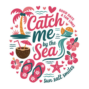 vibrant summer beach party illustration with tropical catchphrase and flip flops