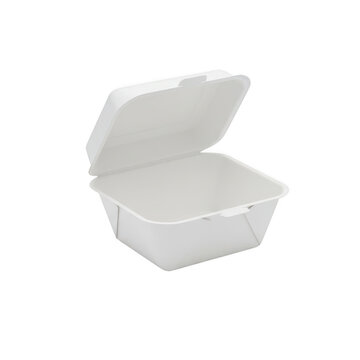 Open white styrofoam food takeout container isolated on a transparent background