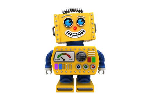 Cheerful yellow vintage robot toy standing, retro wind up robot isolated on transparent background PNG front view
