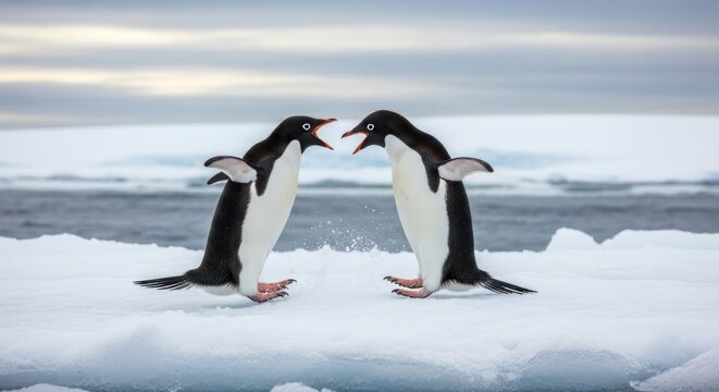 Two Adelie penguins squawk at each other on an icy floe in Antarctica.