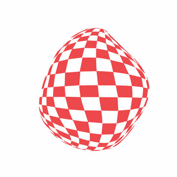 Abstract red and white checkered sphere with distorted perspective.