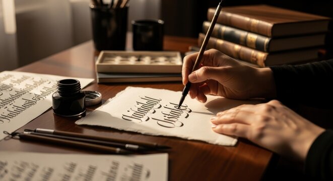 Close-up of a hand writing beautiful calligraphy with an ink brush on paper.