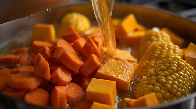 Fresh vegetable stew ingredients simmer in a pot as savory broth pours over colorful carrots, squash, and corn on the cob, highlighting healthy home cook