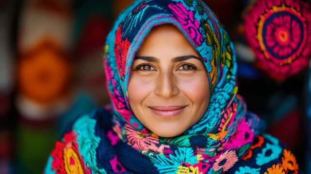 Middle eastern woman with warm smile wearing vibrant multicolored embroidered headscarf in traditional marketplace setting, radiating joy and cultural heritage.