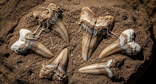 Fossilized shark teeth unearthed from ancient seabed, a glimpse into prehistoric marine life.